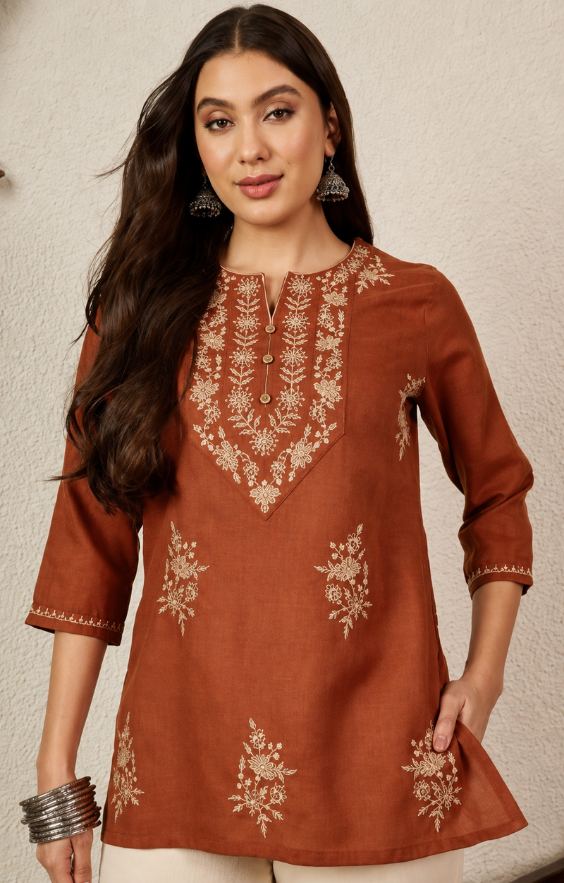 Women's Rust Embroidered Round Neck Fusion Wear Cotton Short Kurti