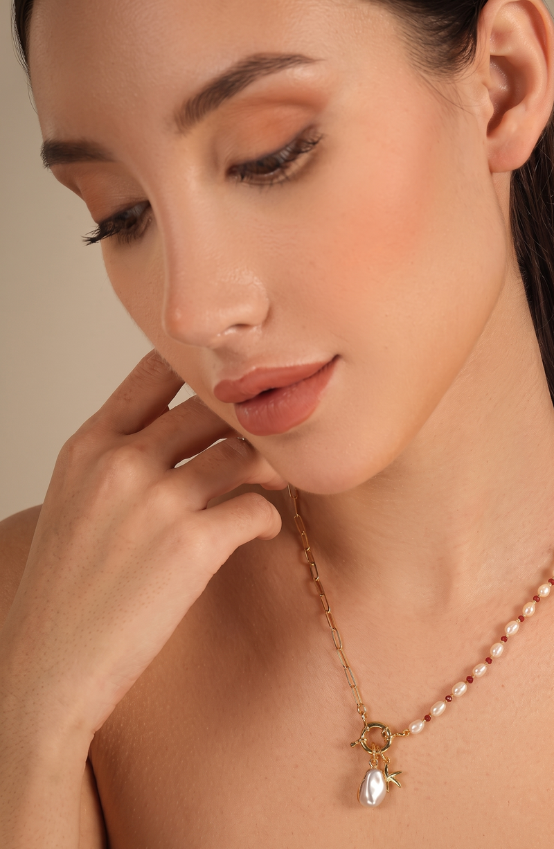 Pearl & Gold Plated Chain Necklace with Star Charm Pendant