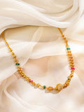 18K Gold-Plated Cubic Zirconia Stone Gold, Green & Pink Beaded Matar Mala Necklace