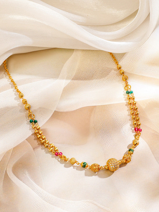 18K Gold-Plated Cubic Zirconia Stone Gold, Green & Pink Beaded Matar Mala Necklace