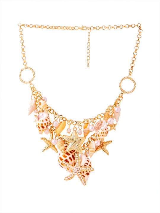 Gold-Toned & White Sea Shell Starfish Pearls Hanging Choker Necklace