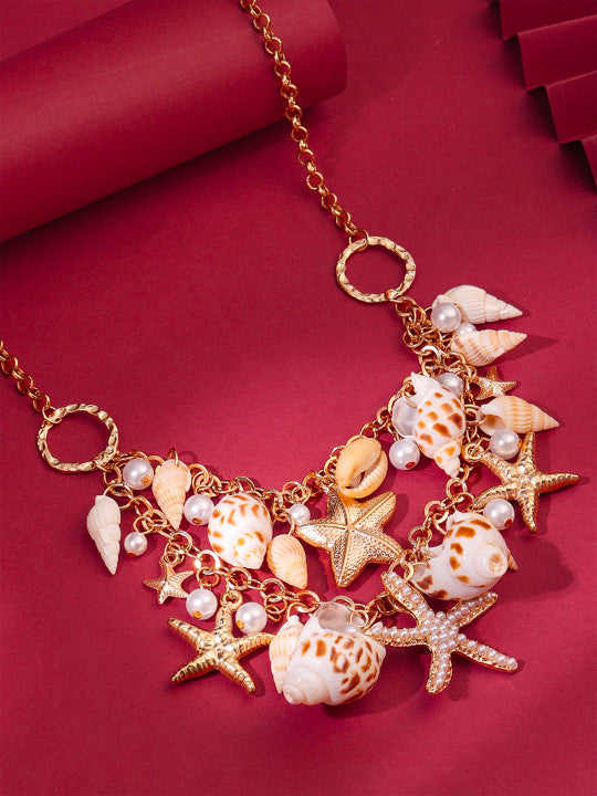 Gold-Toned & White Sea Shell Starfish Pearls Hanging Choker Necklace