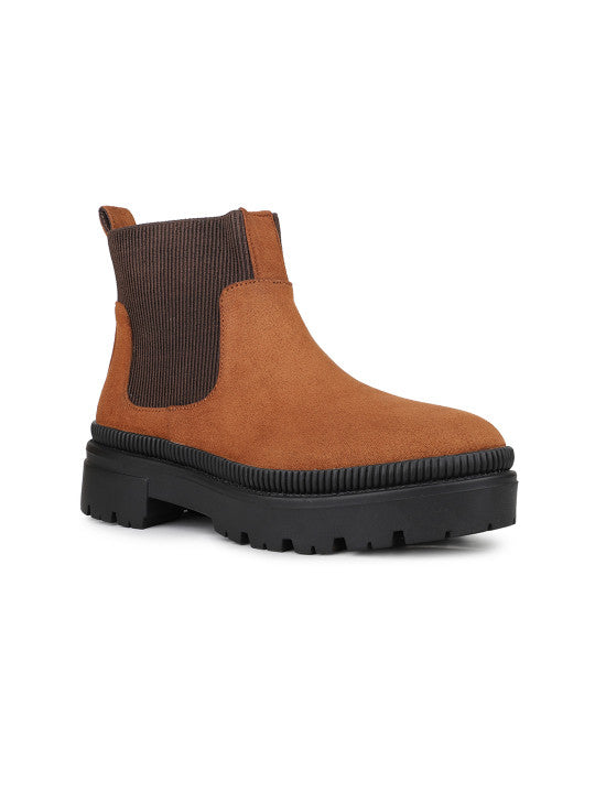 Women Tan Casual Solid Round toe Chelsea Boots