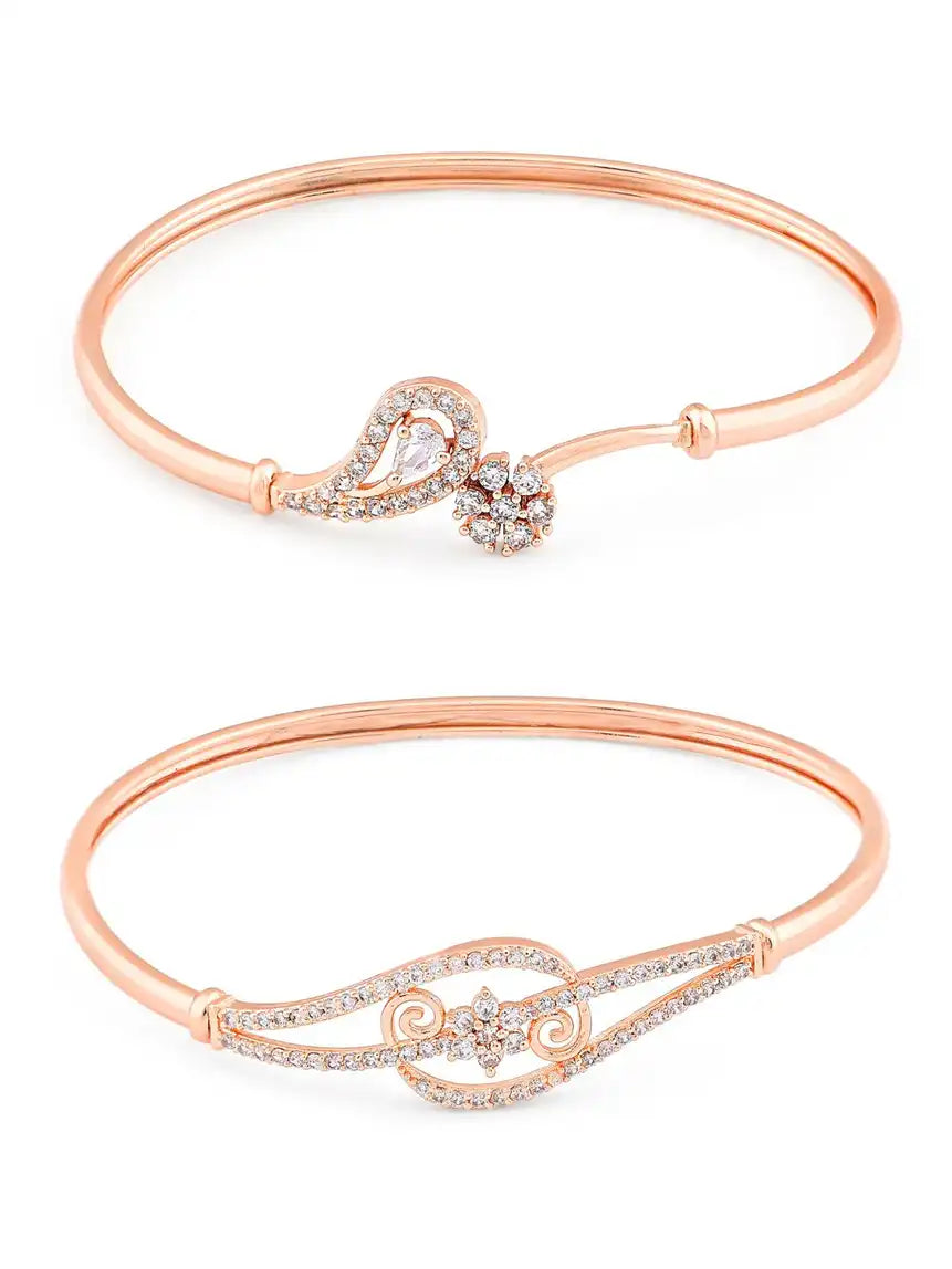 Women Set of 2 Rose Gold-Plated & White Brass Cubic Zirconia Kada Bracelet