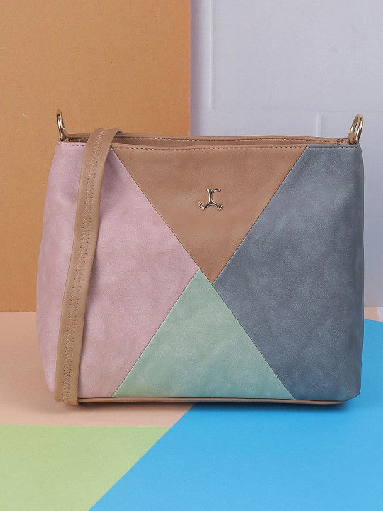 Geometric Colourblocked Detachable Strap Zip Detail Structured Sling Bag