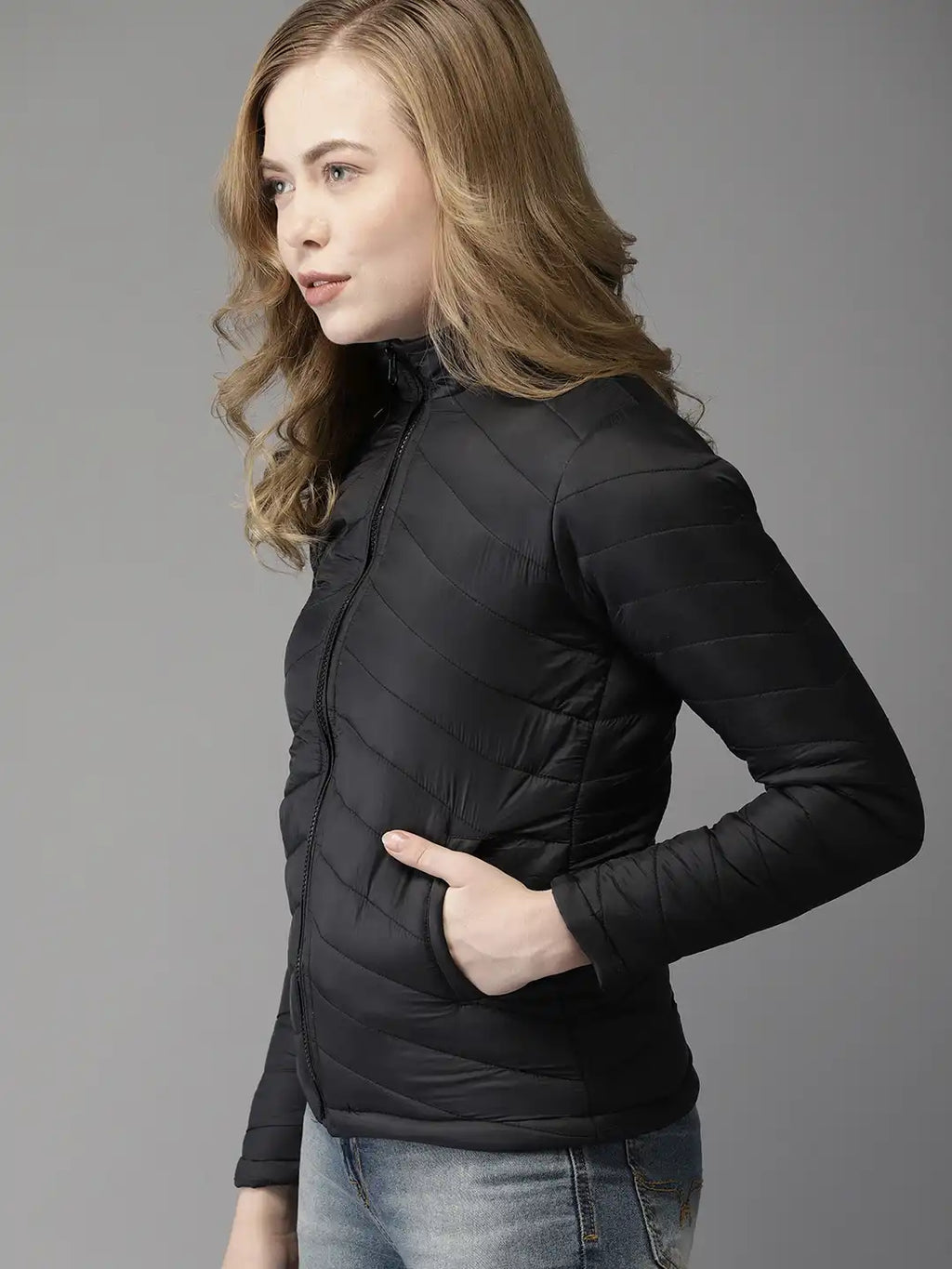 Women Black Solid Puffer Jacket