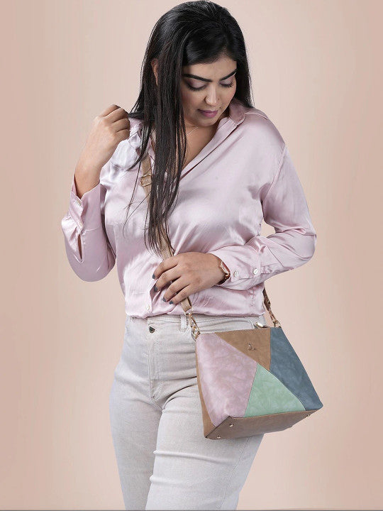 Geometric Colourblocked Detachable Strap Zip Detail Structured Sling Bag