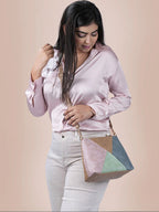 Geometric Colourblocked Detachable Strap Zip Detail Structured Sling Bag