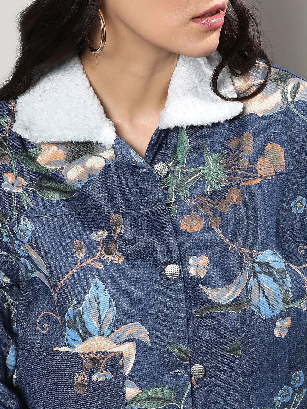 Blue Floral Printed Windcheater Cotton Denim Jacket