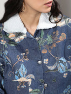 Blue Floral Printed Windcheater Cotton Denim Jacket