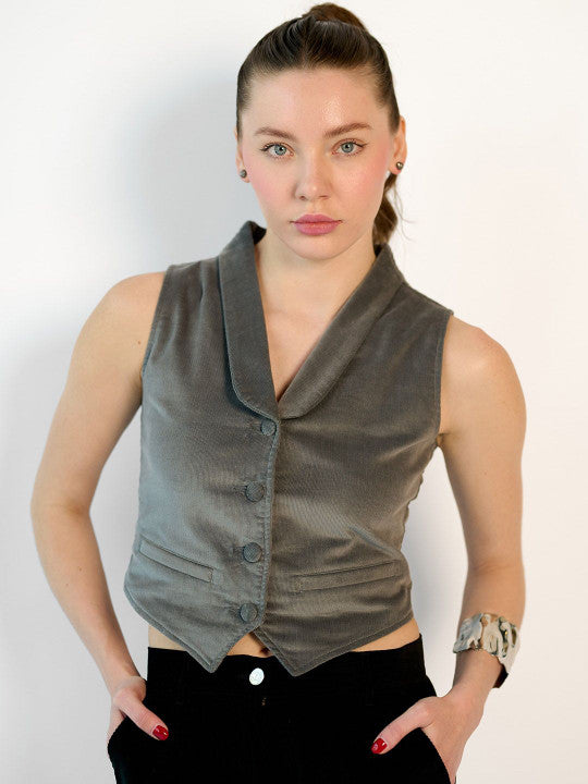 Solid Cotton V-Neck Buttoned Fitted Style Waistcoat for Women