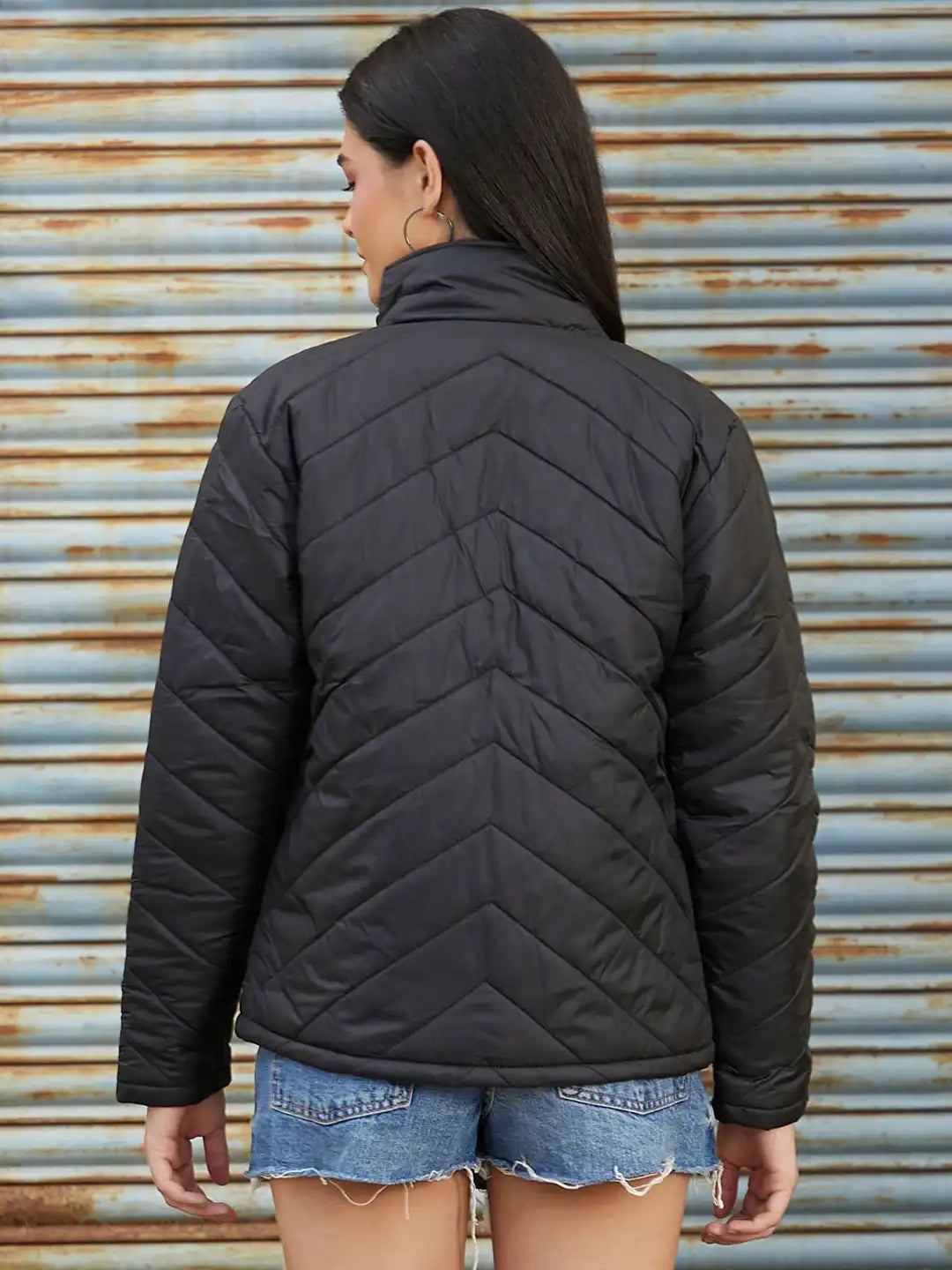 Women Mock Collar Solid Casual Puffer Jacket