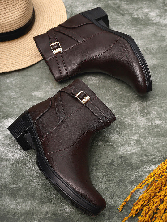 Women Brown Solid Heeled Boots