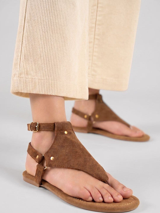 Women Woven Design Leather Casual Gladiators with Buckles Flats