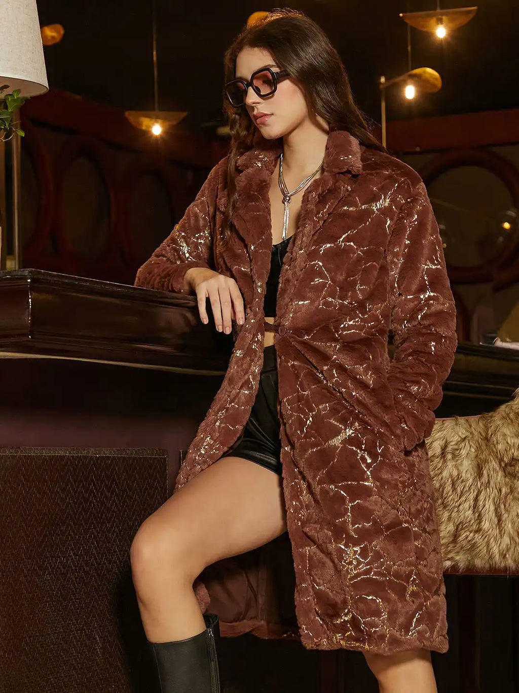 Women Self Design Spread Collar Longline Overcoat