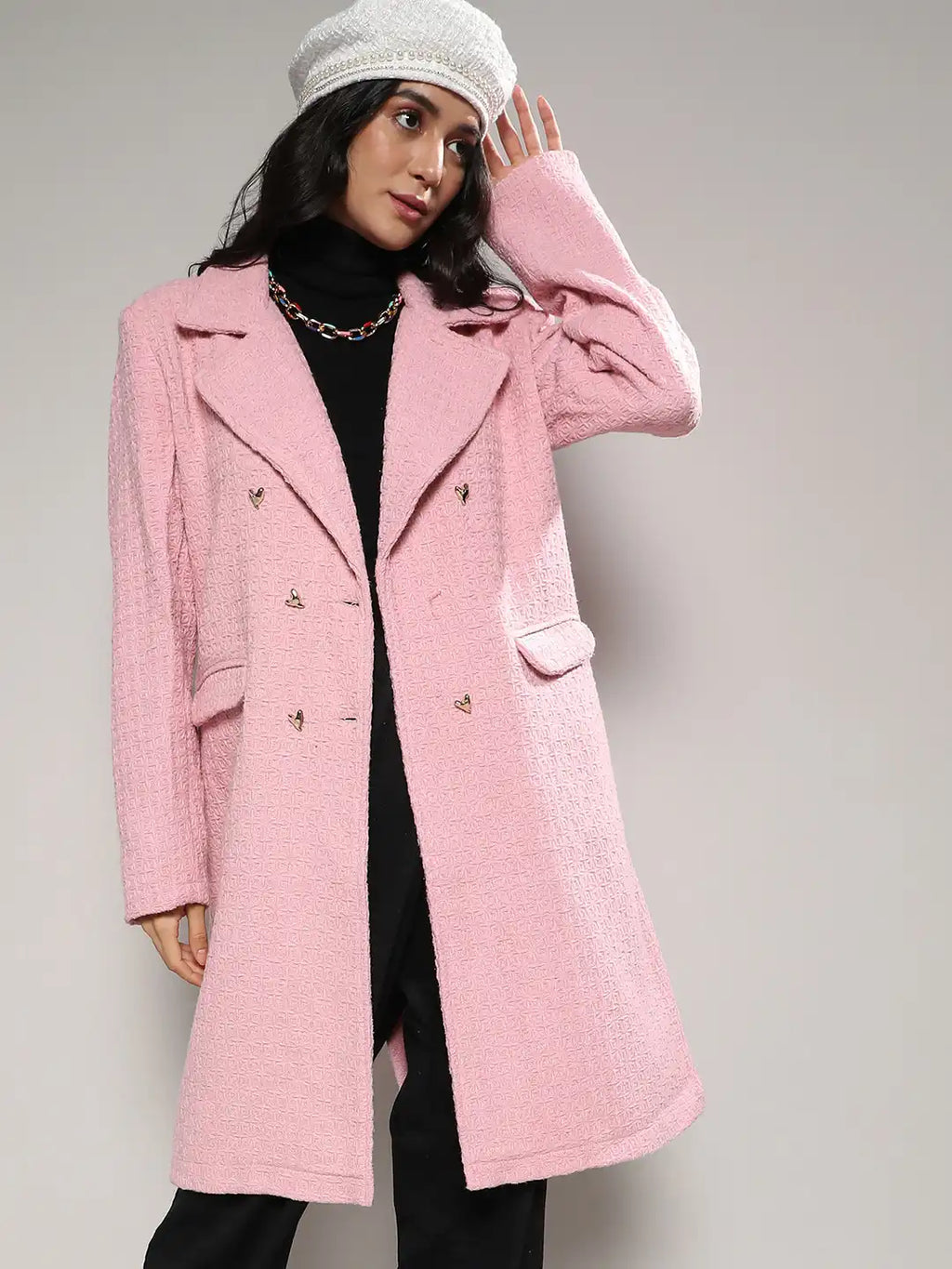 Pink Self Design Notched Lapel Collar Longline Trench Coat