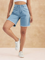 Women High Rise Clean Look Above Knee Stretchable Denim Shorts