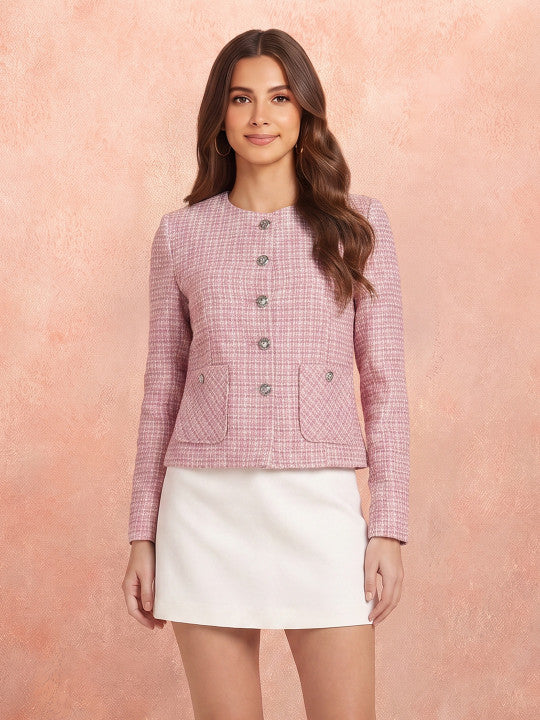 Self Design Collarless Single-Breasted Blazers