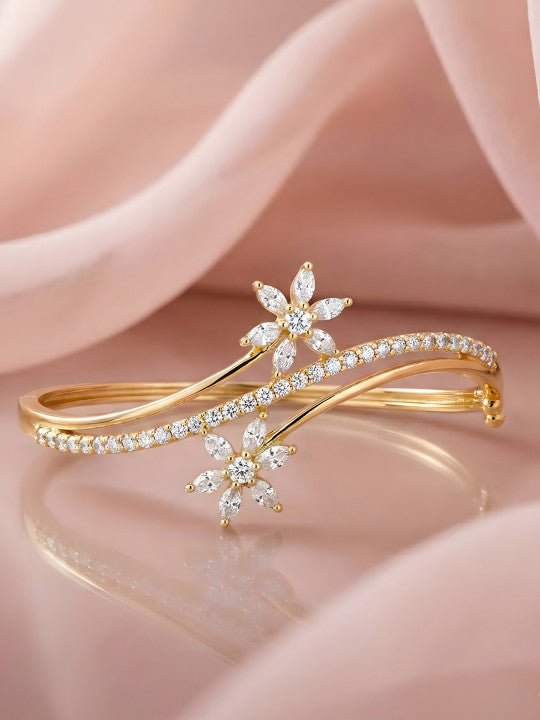 14K Gold-Plated Floral Cubic Zirconia Dual Motif Anti-Tarnish Bracelet