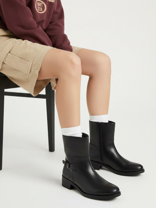 Women Buckle Detail Block Heel Chelsea Boots