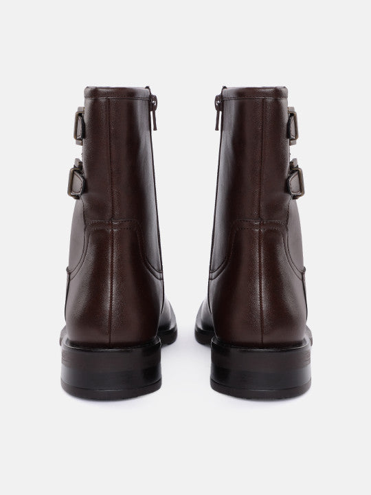 Women Buckle Detail Block Heel Boots