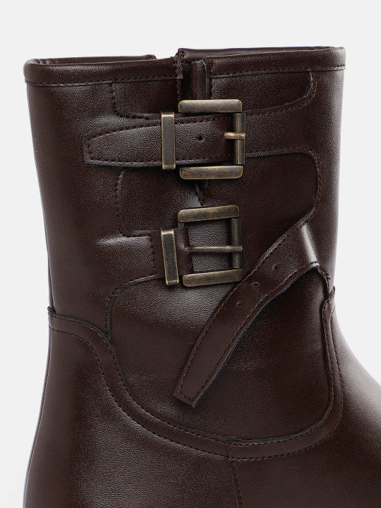 Women Buckle Detail Block Heel Boots