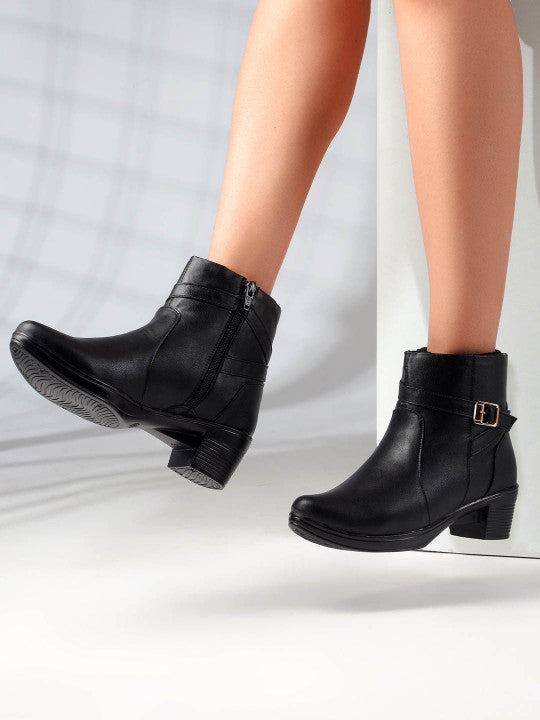 Women Black Mid Top Block Heel Chunky Boots