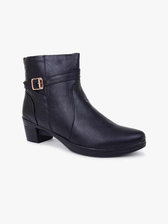 Women Black Mid Top Block Heel Chunky Boots