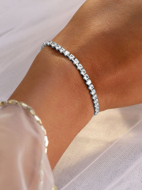Rhodium Plated Cubic Zirconia Studded Premium Tennis Bracelet