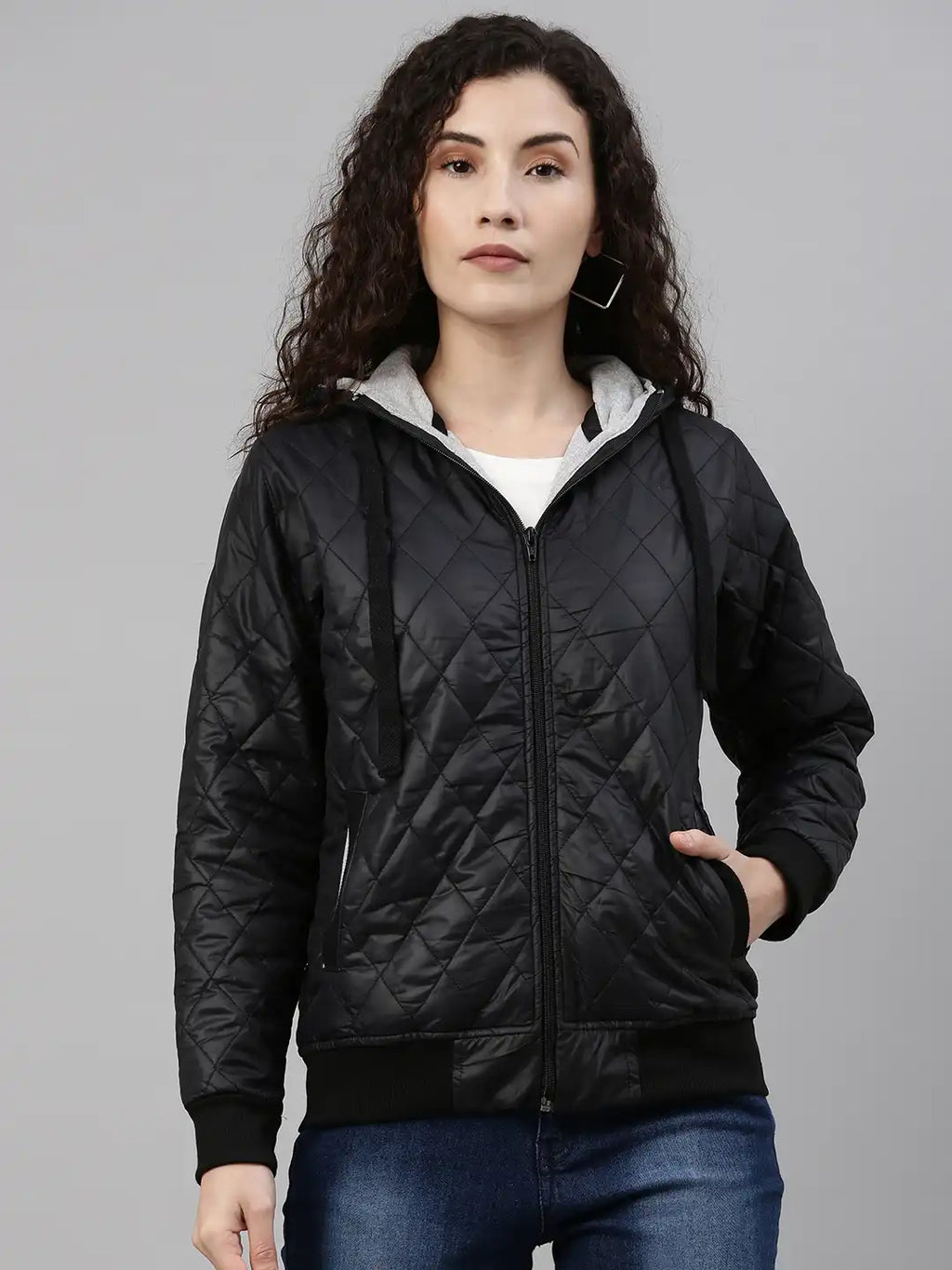 Women Black Hooded Quilted Jacket