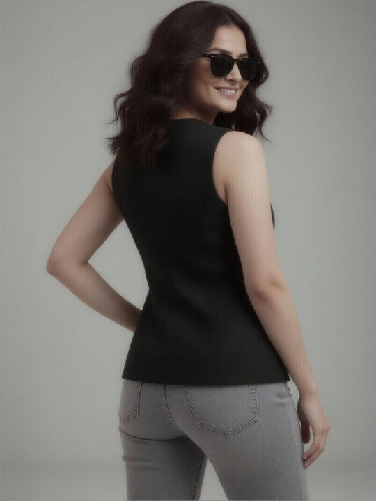 Women Black Solid Formal Sleeveless Slim Fit Waistcoat
