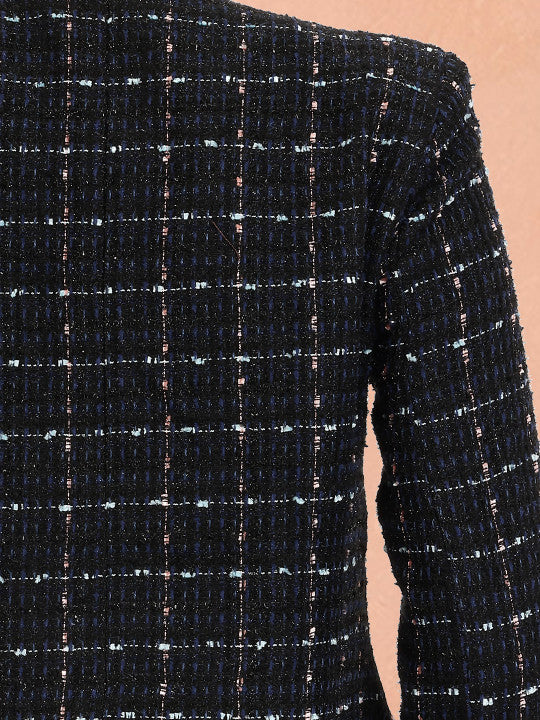 Checked Cotton Collarless Single-Breasted Blazers