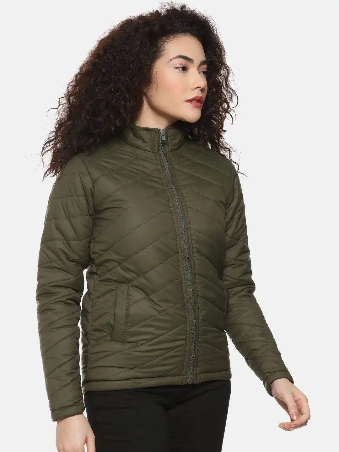 Women Olive Green Solid Padded Jacket
