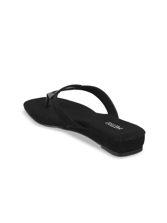 Womens Black Embellished T-Strap Comfort Open Toe Flats