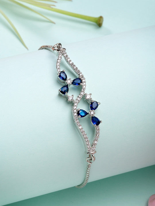 Rhodium-Plated Blue American Diamond Studded Wraparound Bracelet