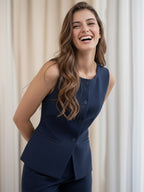 Women Blue Sleeveless Slim Fit Formal Waistcoat