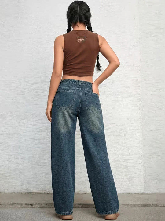 Women Wide Leg High-Rise Low Distress Jeans