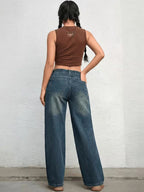 Women Wide Leg High-Rise Low Distress Jeans