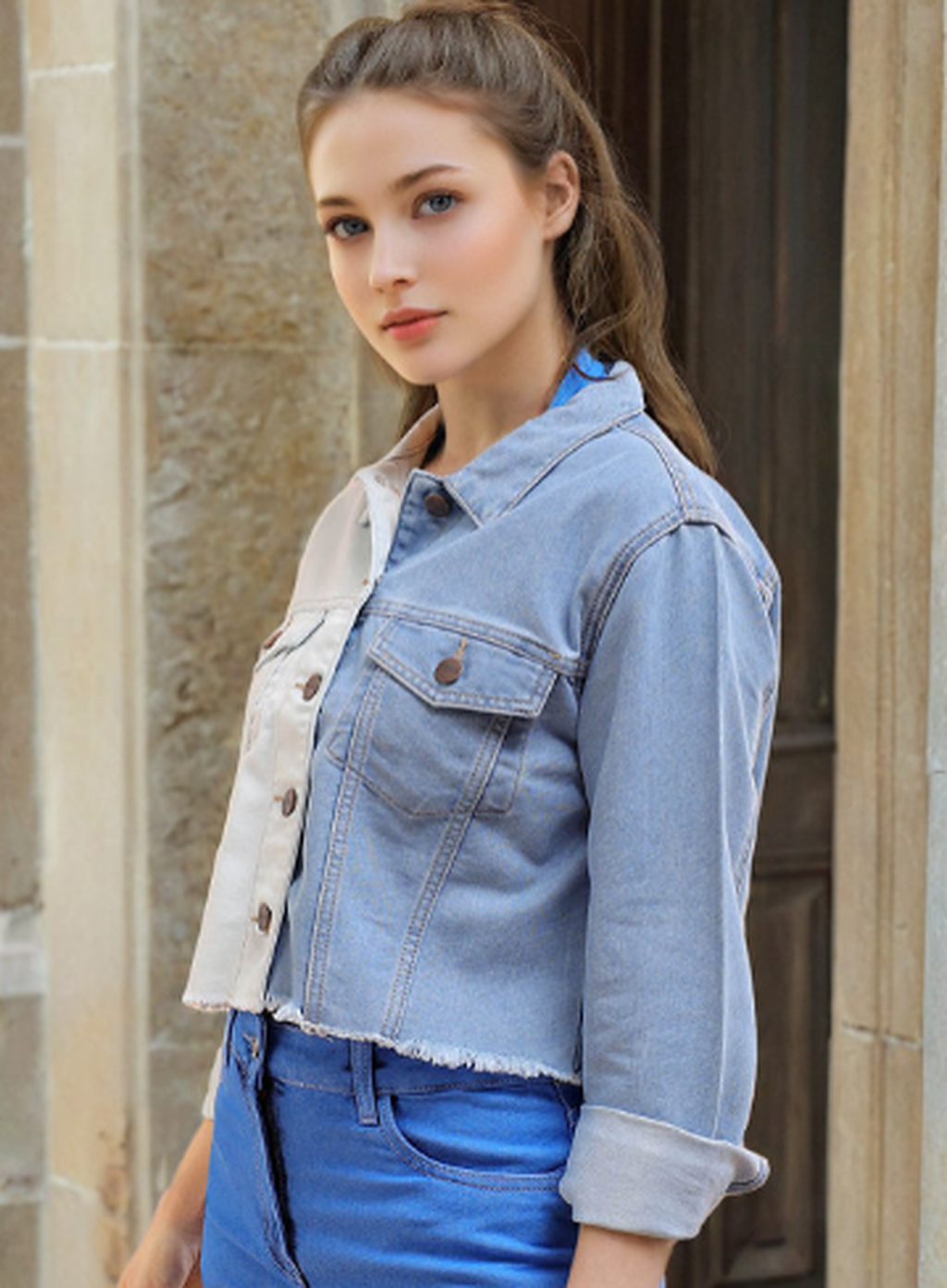 Colourblocked Cotton Crop Denim Jacket