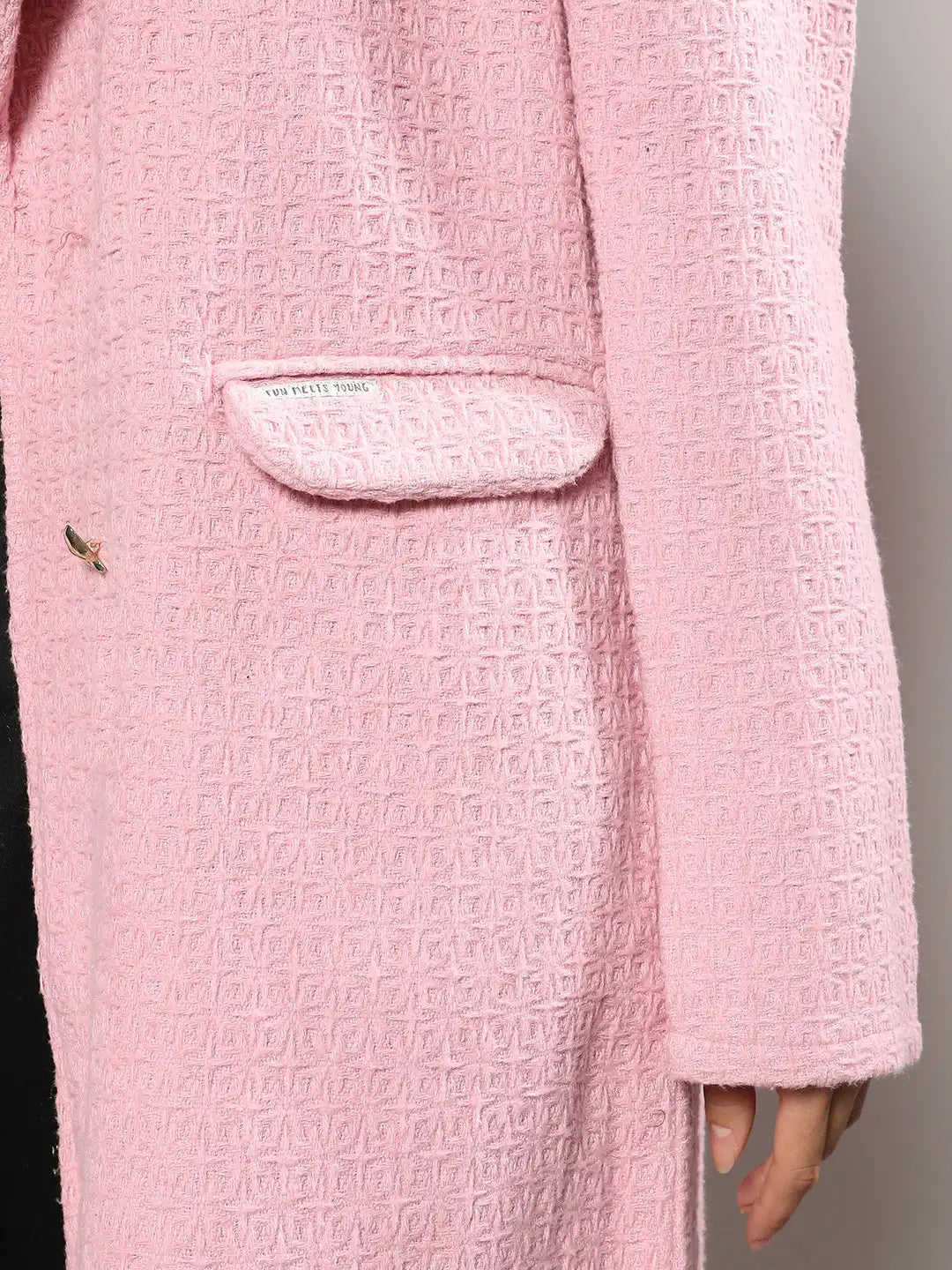 Pink Self Design Notched Lapel Collar Longline Trench Coat