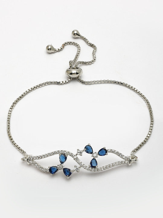 Rhodium-Plated Blue American Diamond Studded Wraparound Bracelet