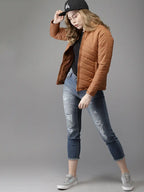 Women Camel Brown Solid Puffer Jacket