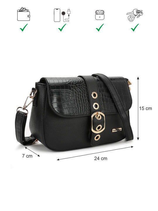 Textured Detachable Strap Buckle Detail Structured Sling Bag