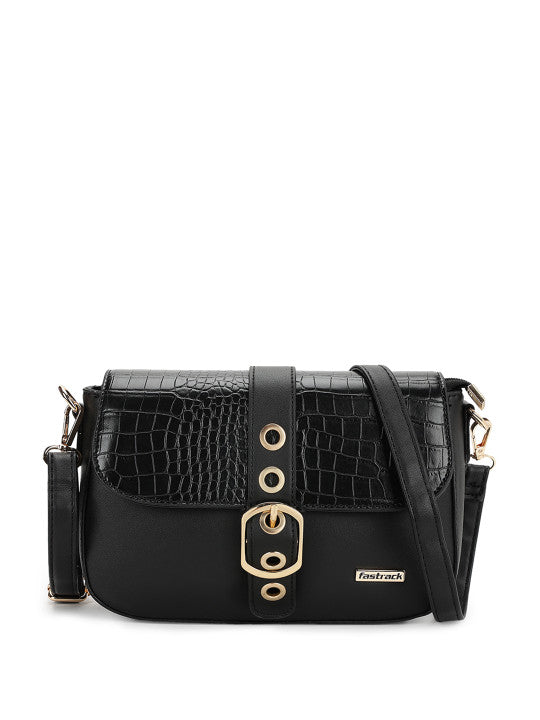 Textured Detachable Strap Buckle Detail Structured Sling Bag