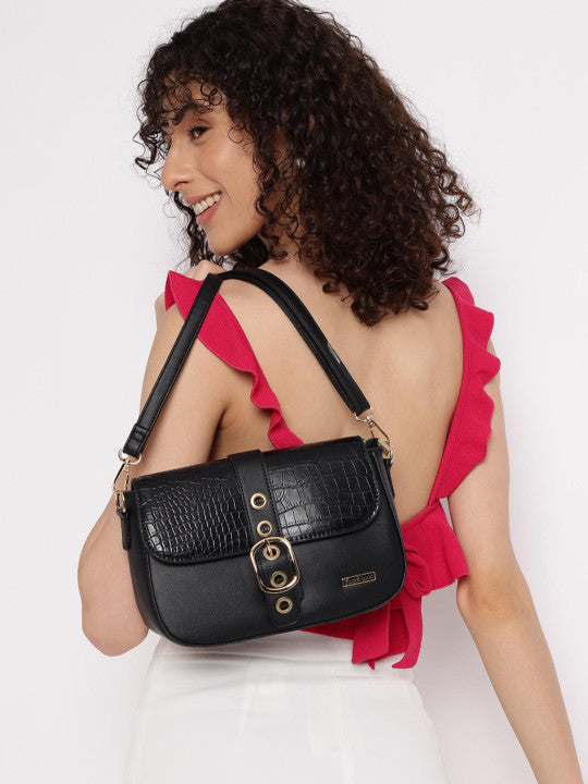 Textured Detachable Strap Buckle Detail Structured Sling Bag