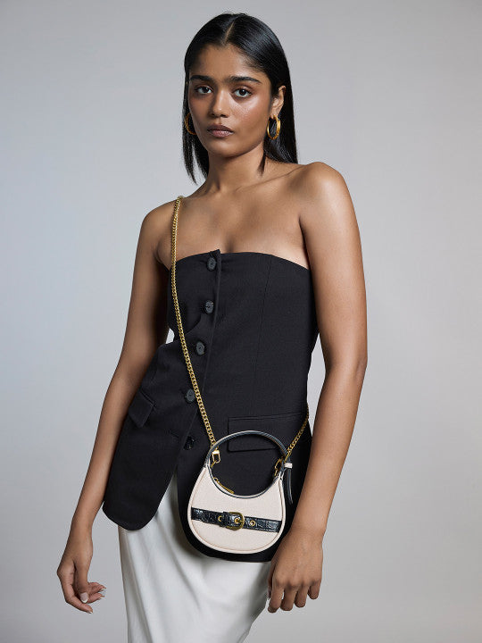 Celeste Textured Detachable Strap Buckle Detail Half Moon Sling Bag