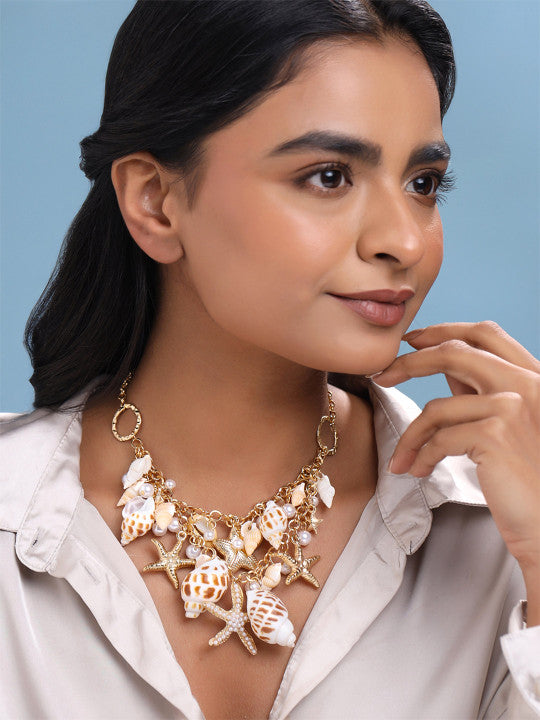 Gold-Toned & White Sea Shell Starfish Pearls Hanging Choker Necklace