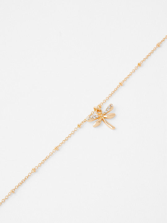 London Women Gold-Plated & White Crystals Dragonfly Clasp Charm Bracelet