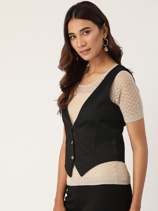 Women Black Solid Lightweight Waistcoat