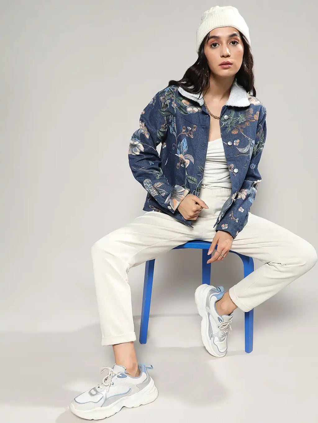 Blue Floral Printed Windcheater Cotton Denim Jacket